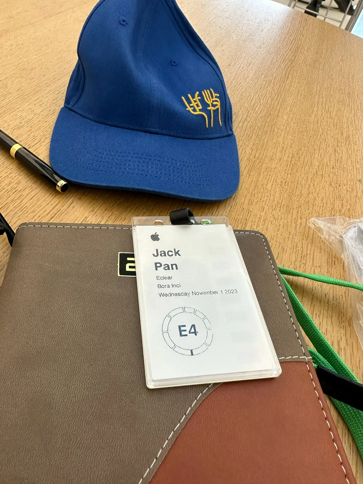 Visitor credentials issued to ECLEAR co-founder Jack Pan for a scheduled technical meeting at Apple Park in Cupertino on November 1, 2023.