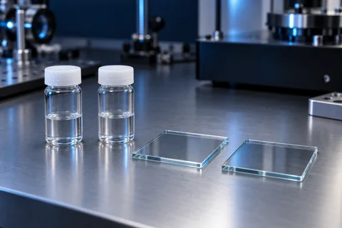 Illustrative optical laboratory with clear liquid coating samples and glass test coupons